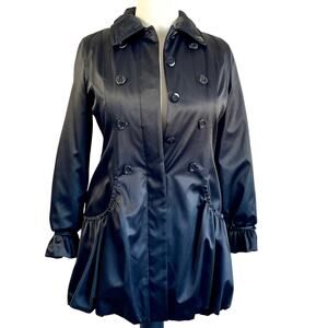 Vintage Betsey Johnson Black Satin Heart Button Trench Pea Coat Bow Sleeves - LG